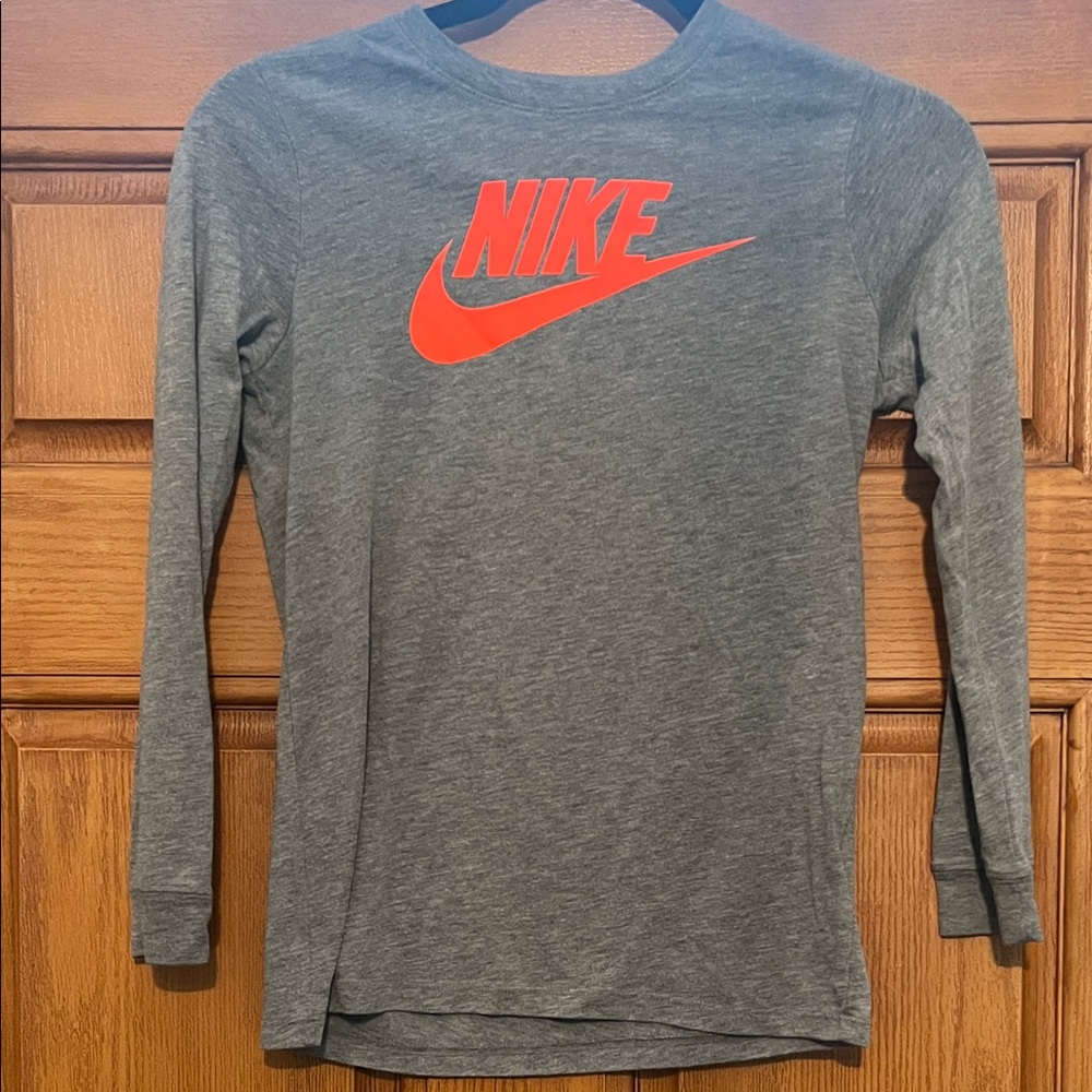 Nike Gray Long Sleeve Tee with Bright Orange Logo